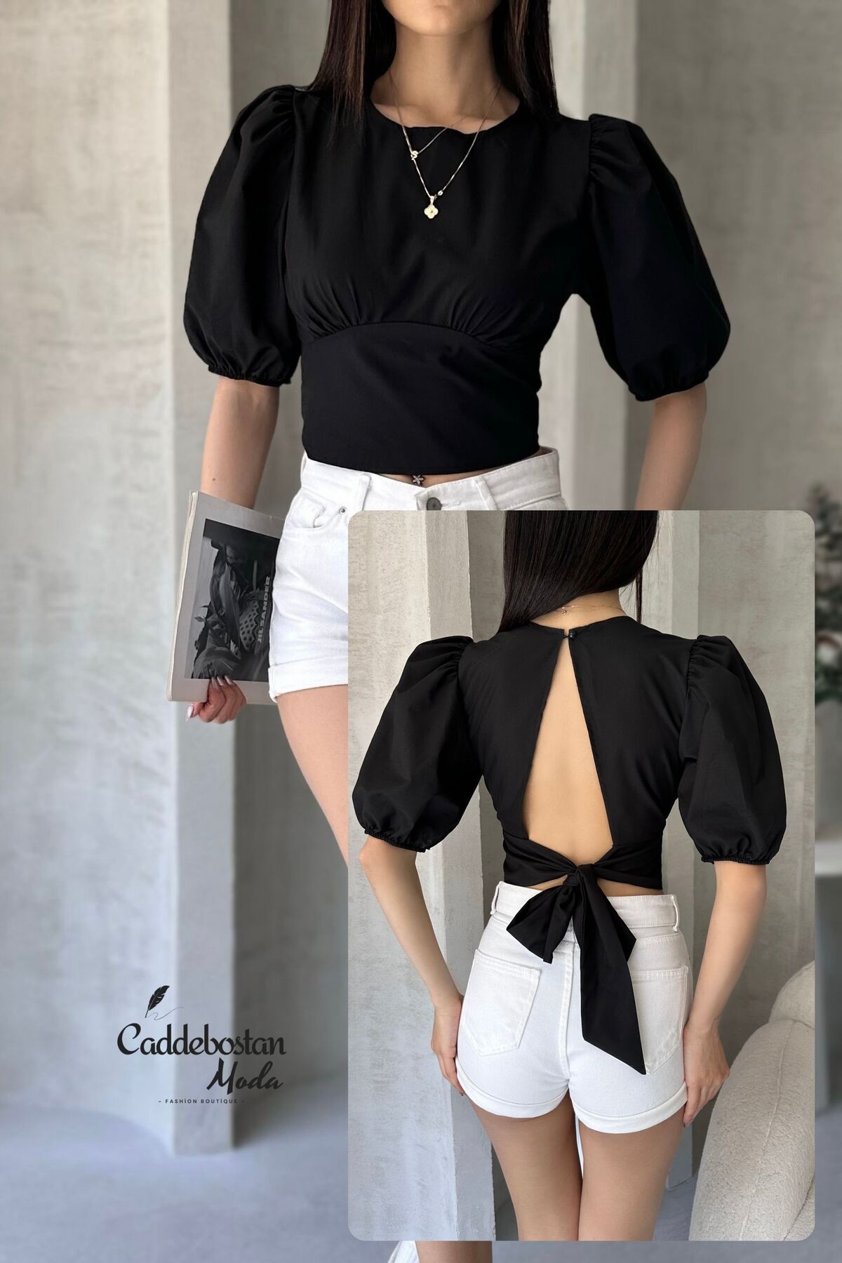 Caddebostan Moda Karpuz Balon Kol Sırt Dekolteli Likralı Kadın Poplin Bluz