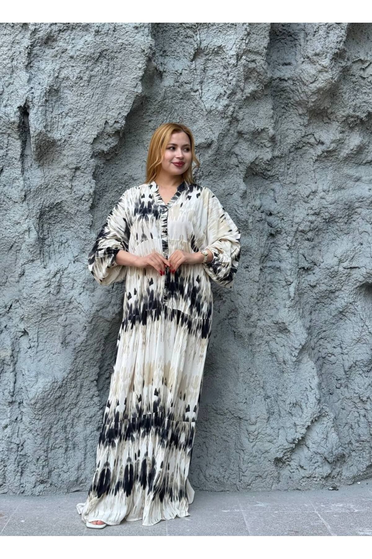 Castivo Fashion Batik Desen Viskon Kumaş Rahat Kalıp elbise