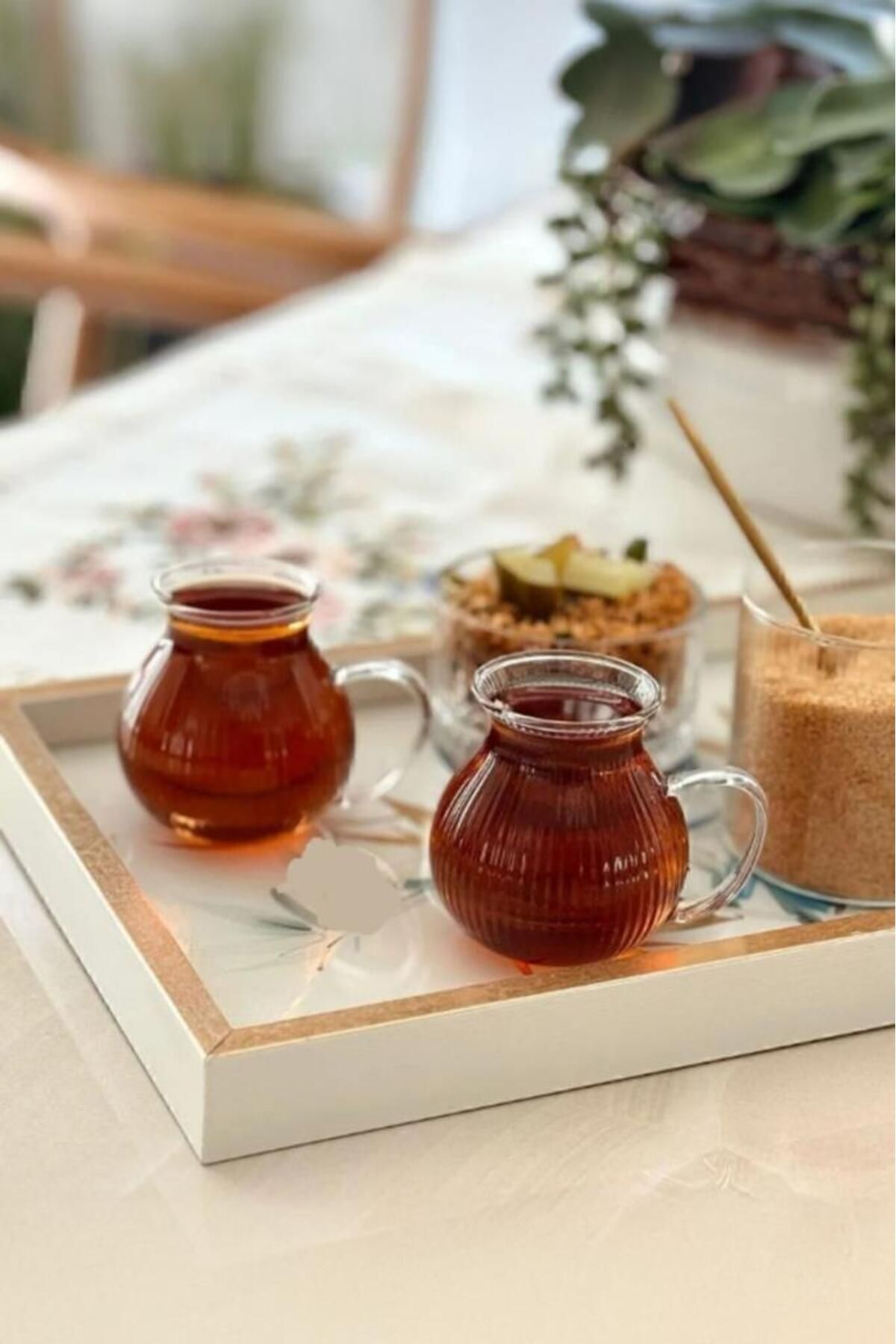 MİEN Mien 6'lı Çizgili Borosilikat Cam Kulplu Çay Bardağı 220ml Bardak
