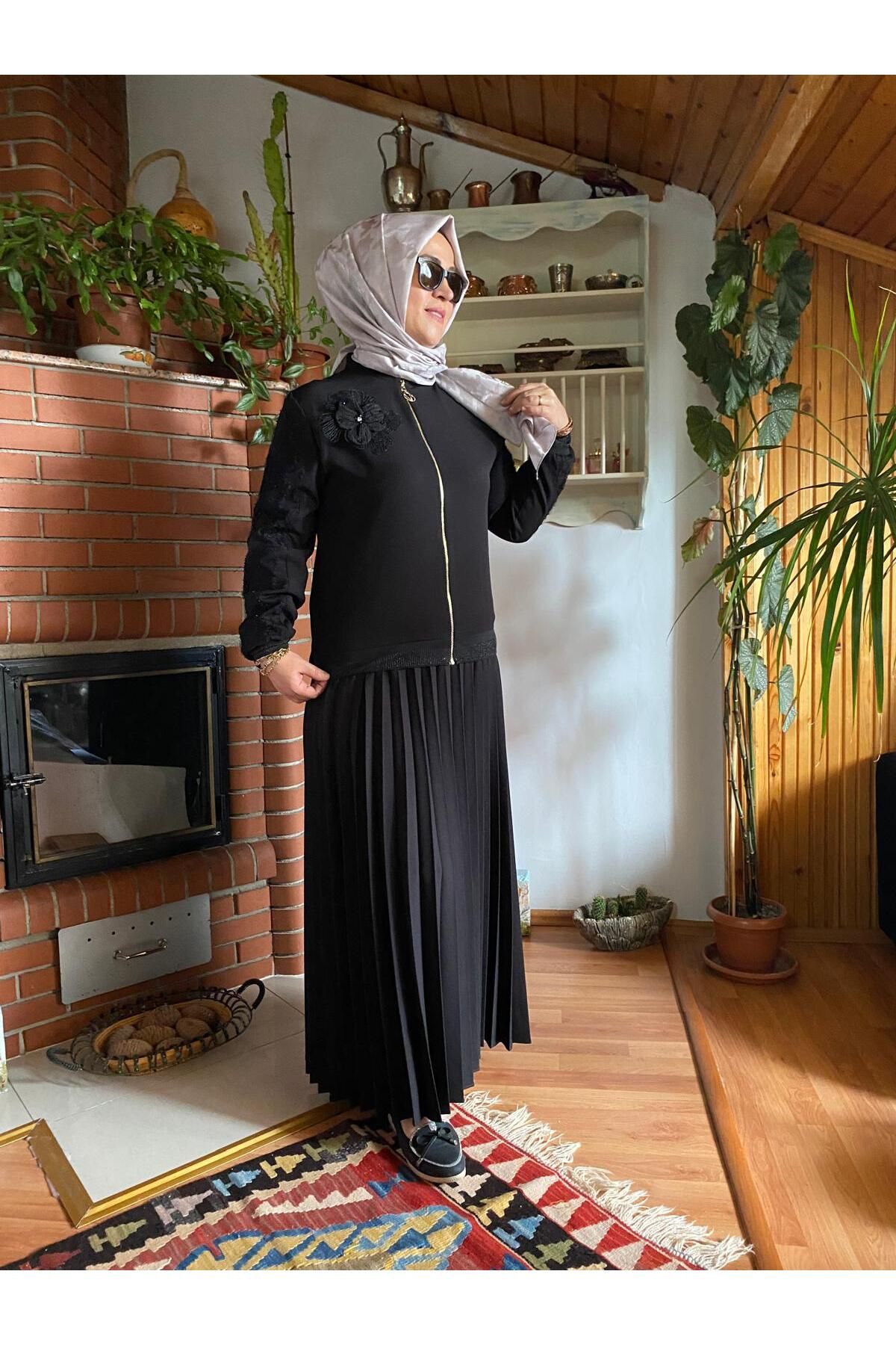 MODA Krep Kumaş Siyah Plise Takım