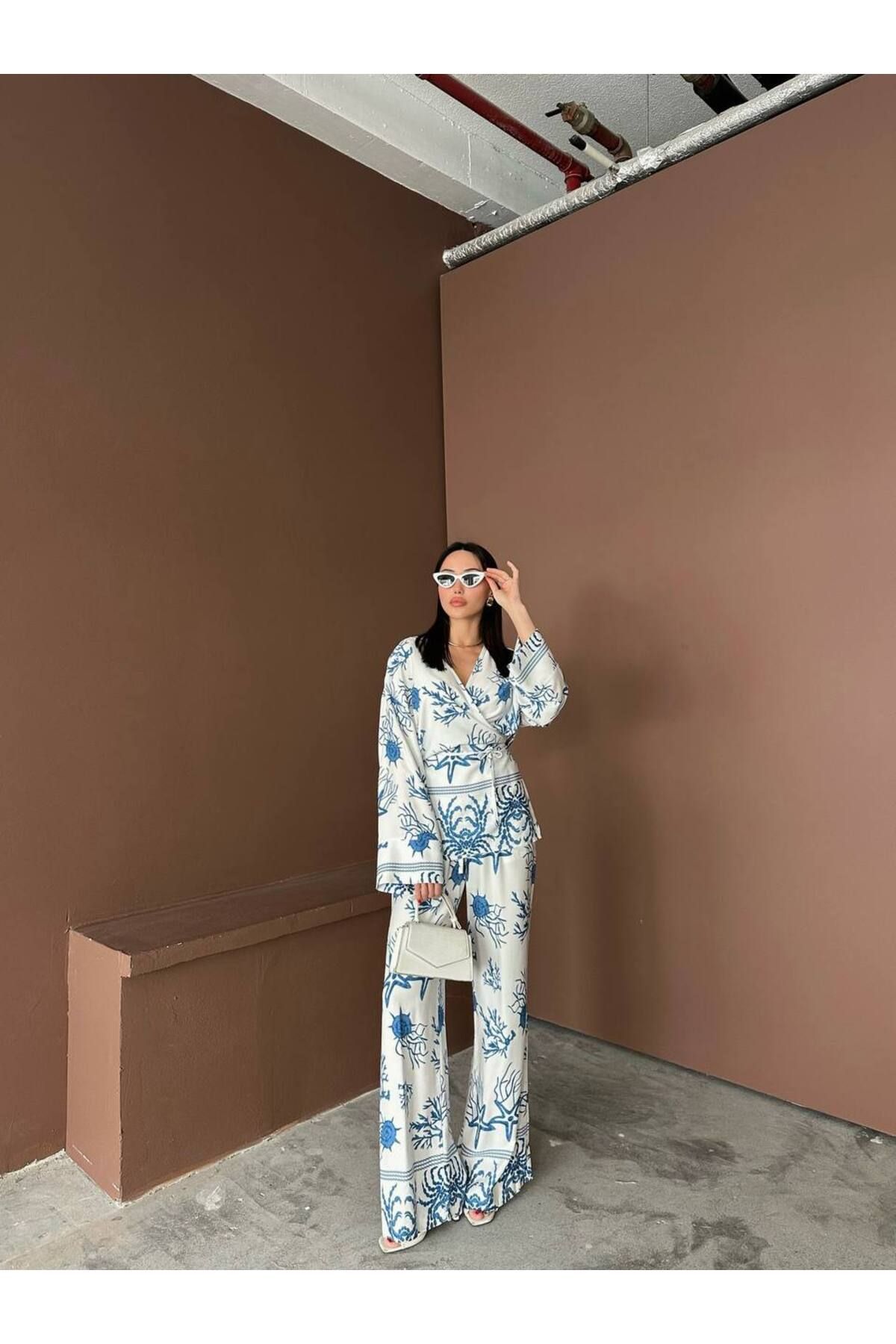 Hotfashion Desenli Viskon Kimono Pantolon Takım
