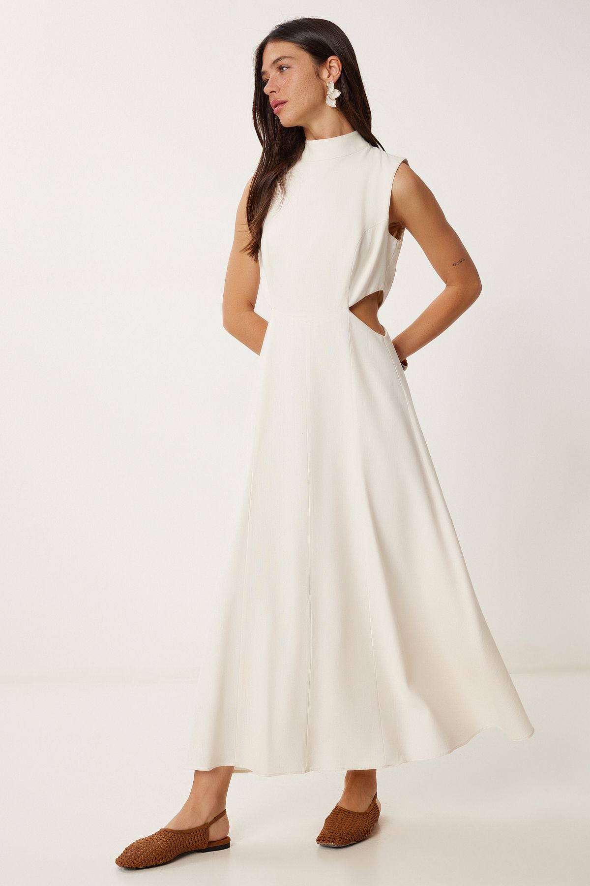 Lovelyİstanbul Cut Out Detaylı Keten Elbise KREM LFG0005
