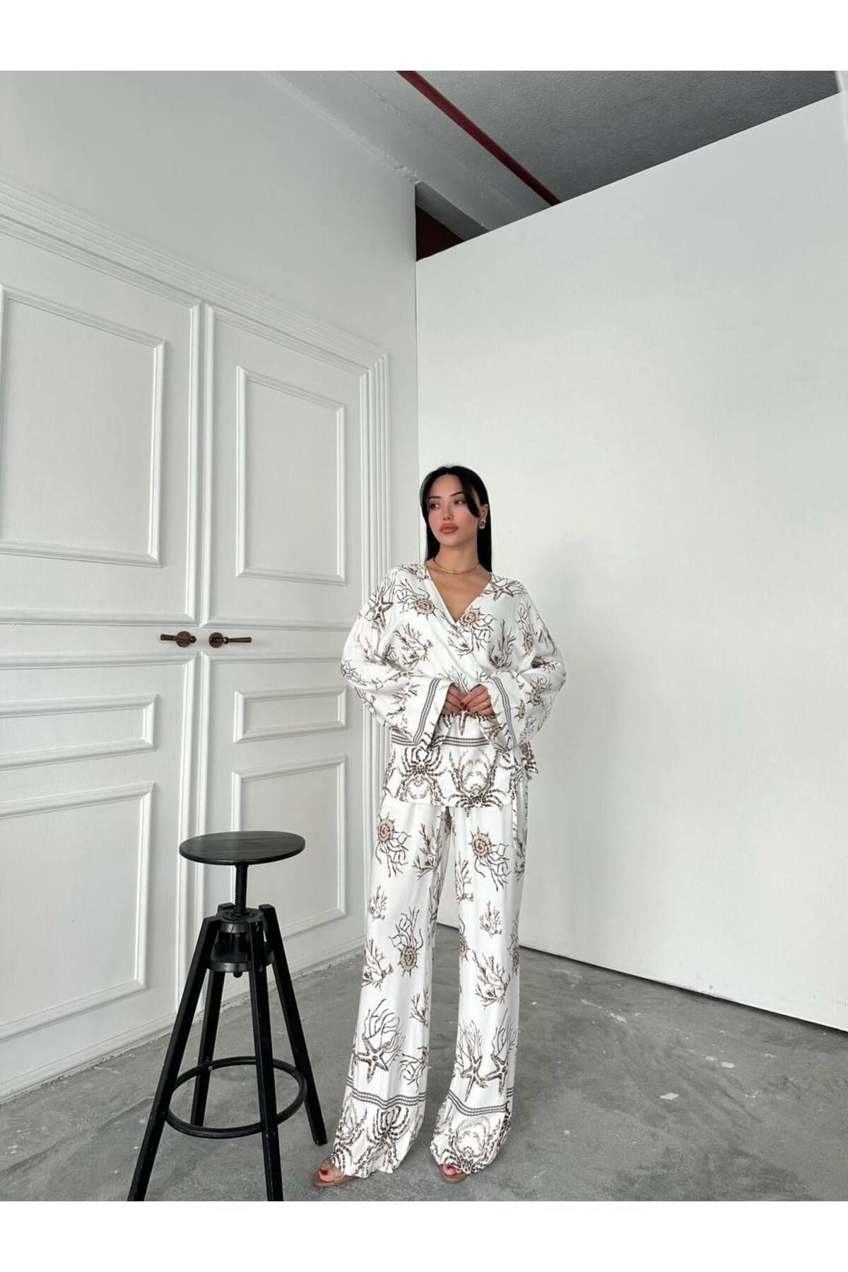 Hotfashion Desenli Viskon Kimono Pantolon Takım