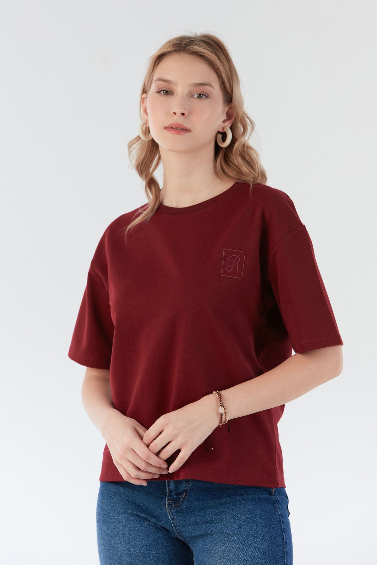 Fulla Moda R Harf Nakışlı Oversize Tişört