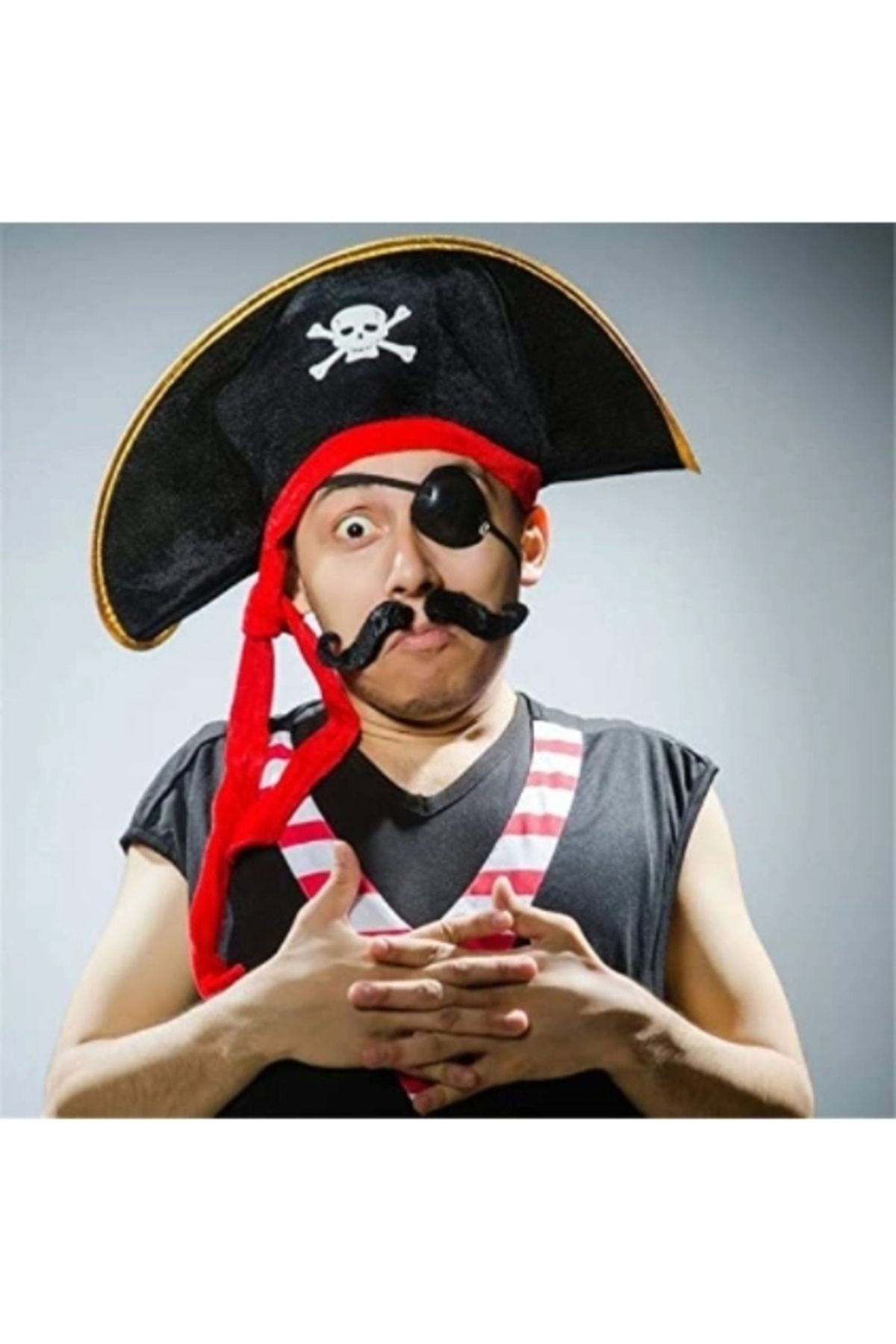 OurStyles Yetişkin Boy Kadife Kaptan Jack Sparrow Korsan Şapkası Ve Plastik Korsan Göz Maskesi - Tarz Tarz