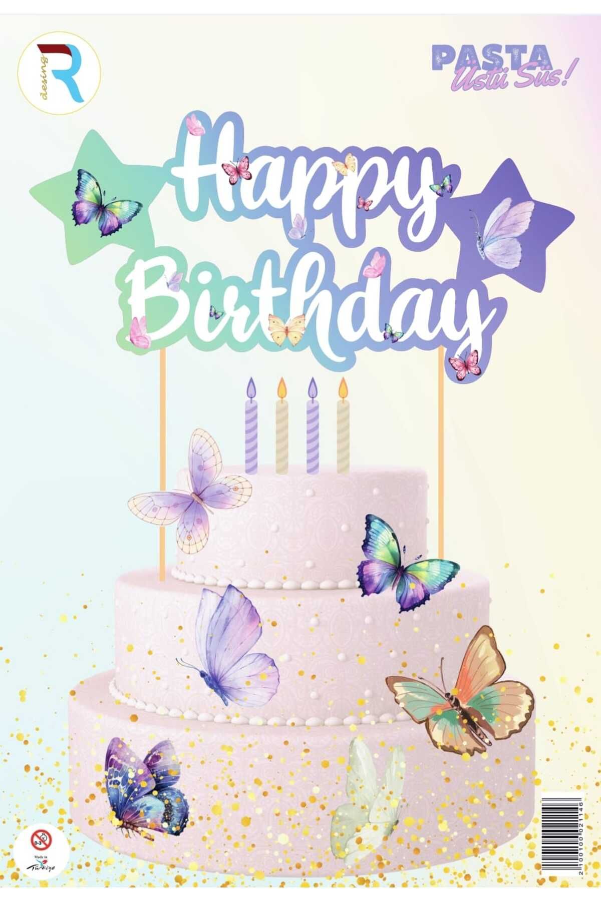 Partinity Kelebek Temalı Happy Birthday Pasta Üstü Kürdan Süsü Banner Doğum Günü Süsleme