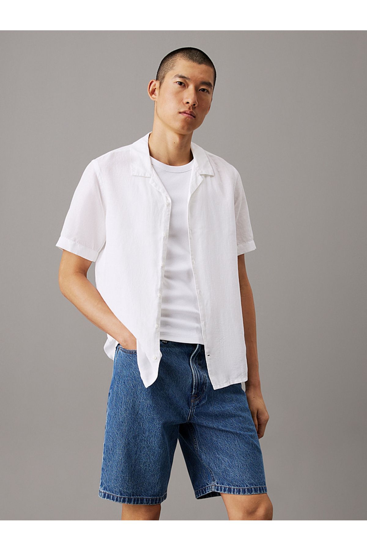 Calvin Klein Linen Cotton Cuban Collar Shirt