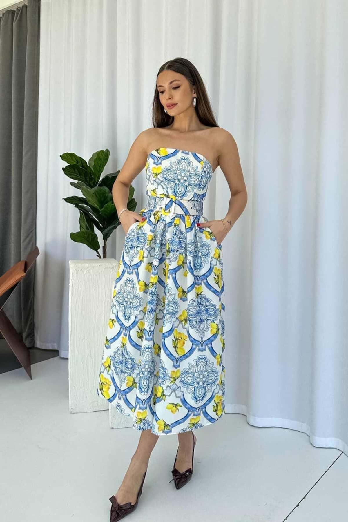 Hotfashion STRAPLEZ KEMERLİ LİMON DESENLİ ELBİSE