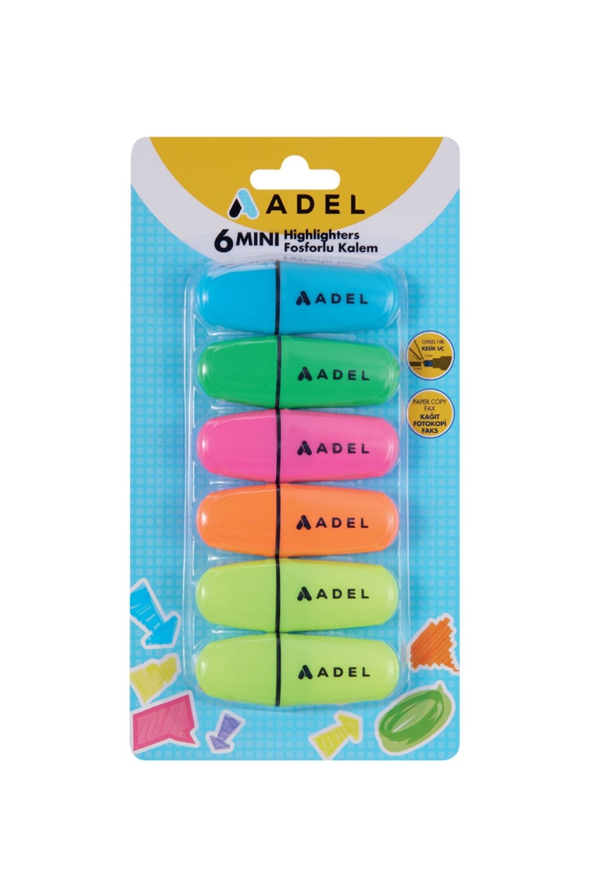 Adel Mini Fosforlu Kalem 6'lı Set,Su Bazlı Mürekkep,3 Farklı Kalınlıkta İşaretleme