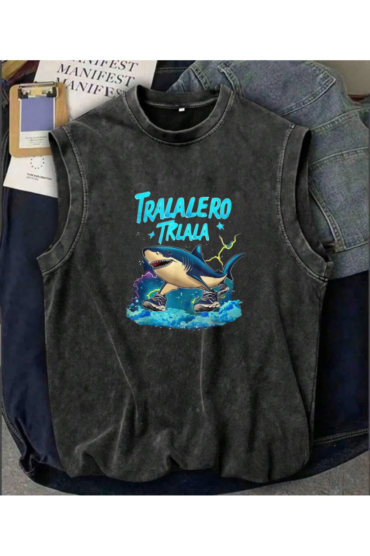 Touz Moda Tralalero Trlala Atlet Bisiklet Yaka Yıkamalı Vintage Unisex Oversize T-Shirt