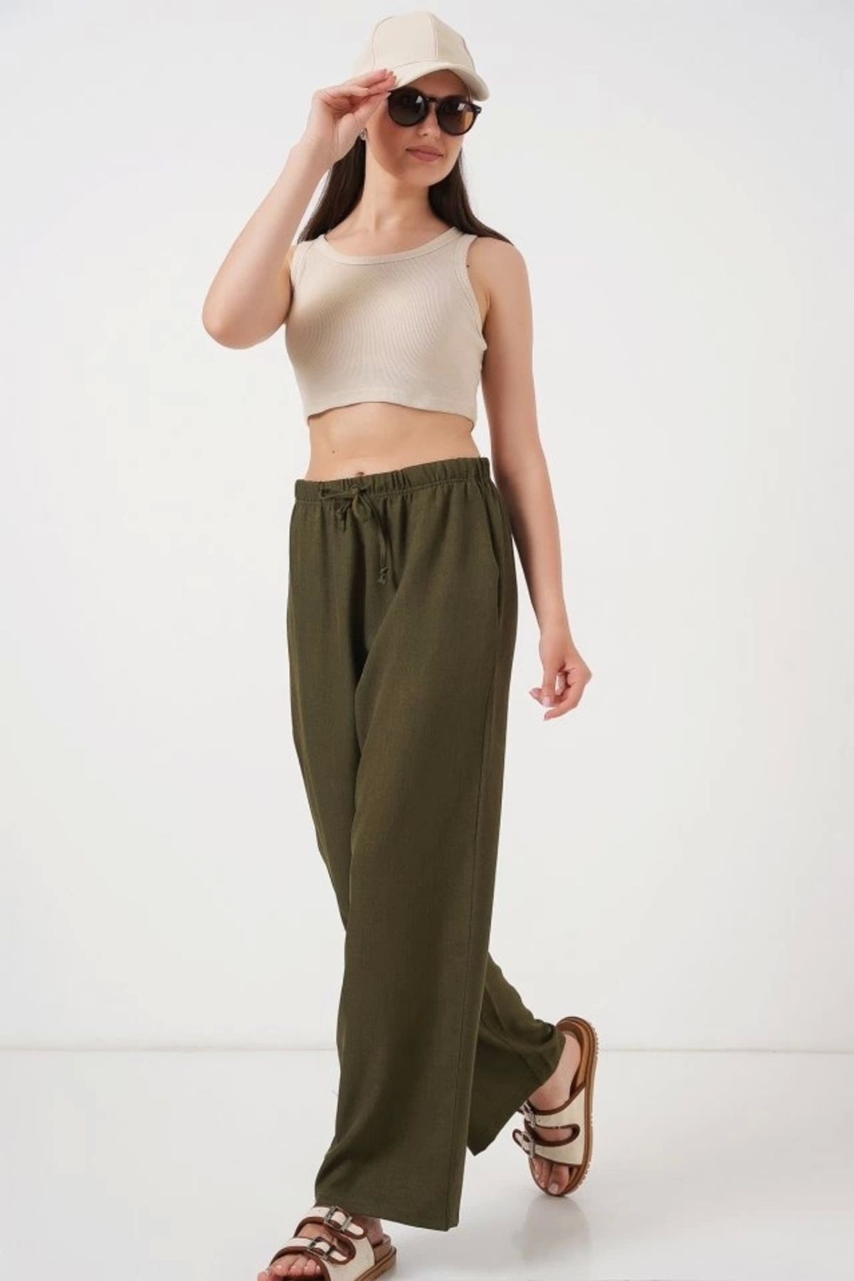 Butik Geniş Paça Keten Pantolon 6735 - Haki