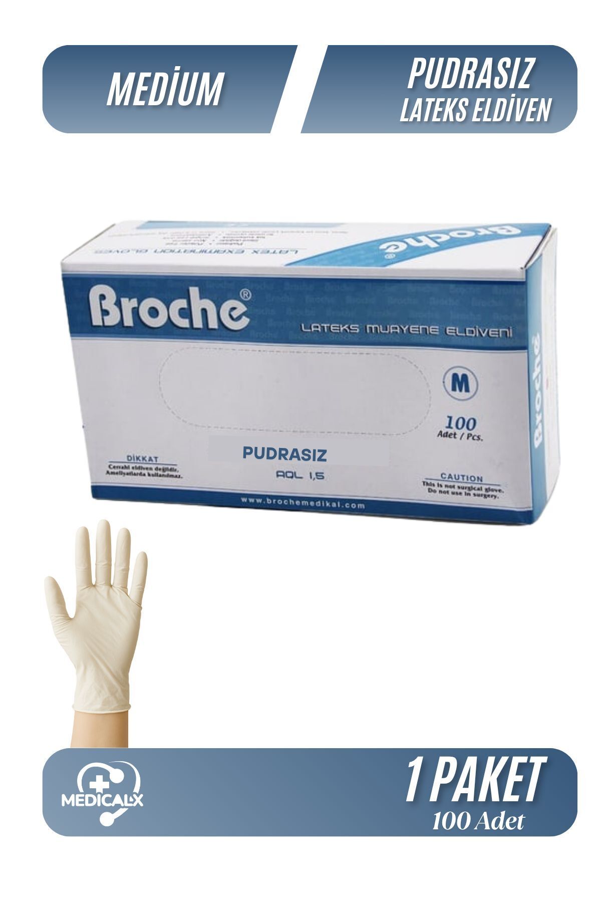 Medicalx Broche Lateks Pudrasız Muayene Eldiveni 100 lü Paket - Medium