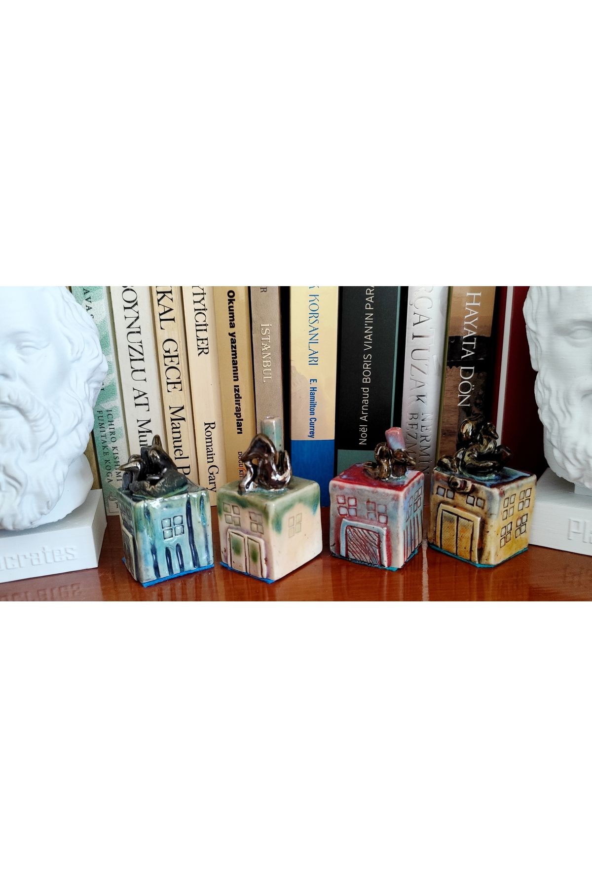 Home El İşi Hand Made Bohem Minyatür Kuşlu Çok Renkli Seramik Evler 4 parça 7cm x 4cm