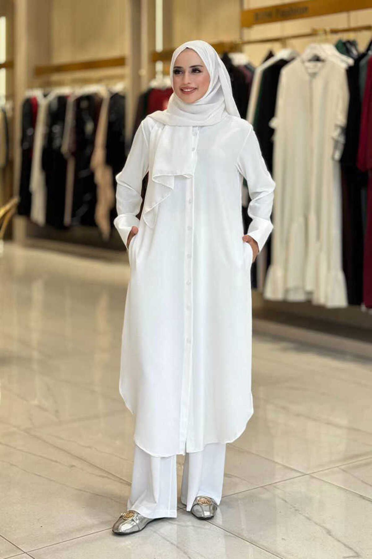 Bym Fashion Düğmeli Cepli Tunik ve Pantolon İkili Takım 8682 Ekru