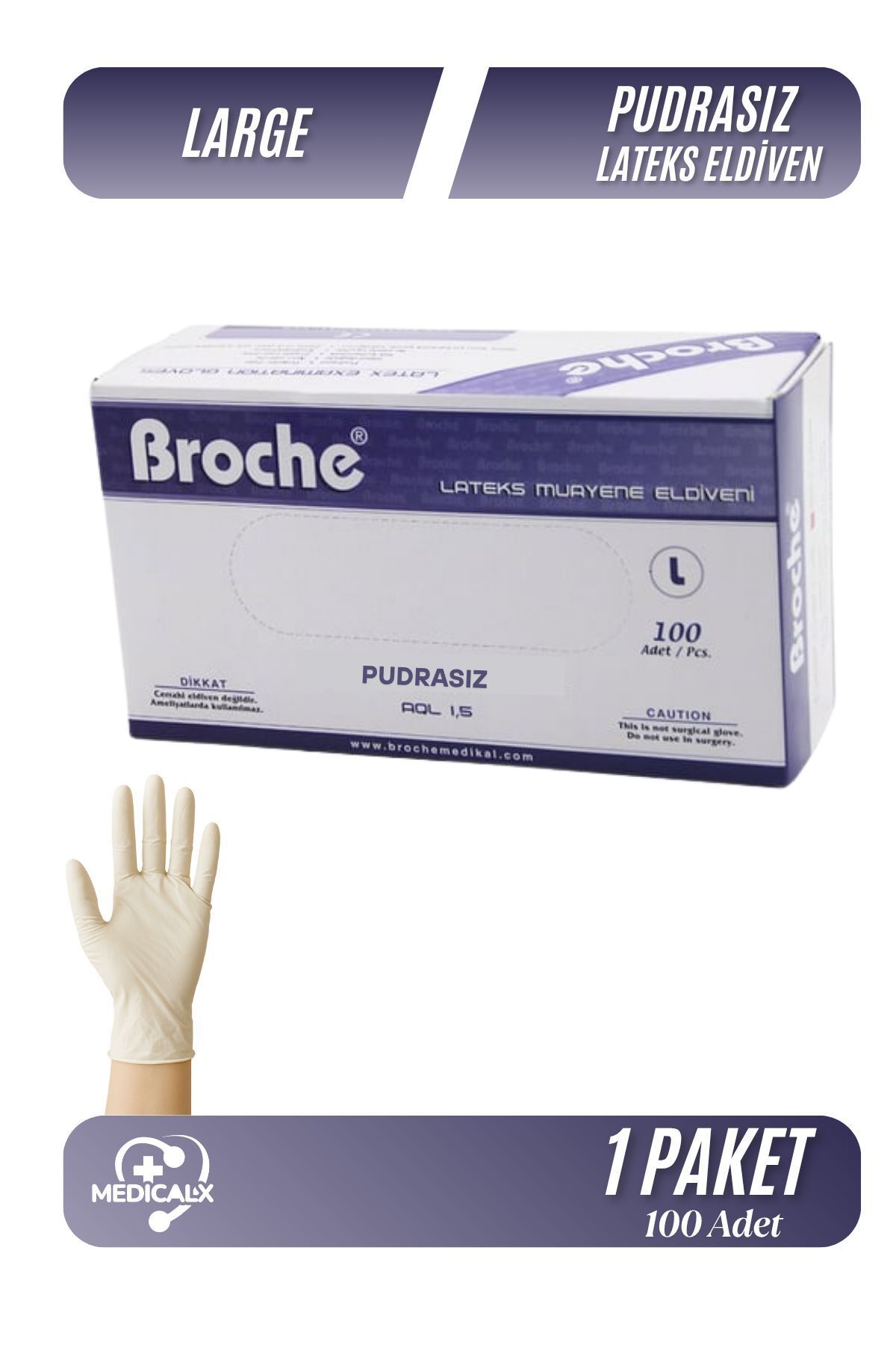 Medicalx Broche Lateks Pudrasız Muayene Eldiveni 100 lü Paket - Large