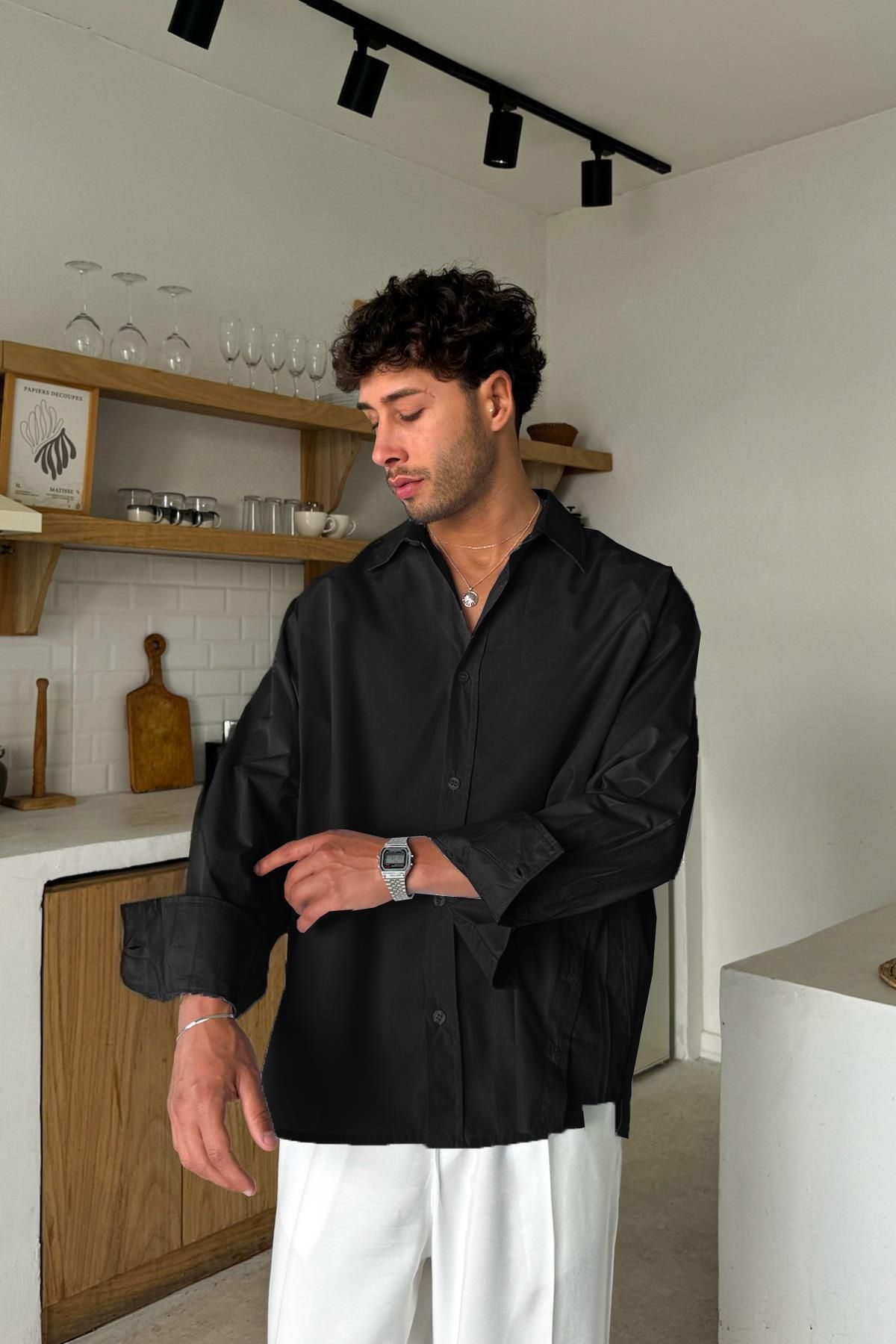 Flaw Wear Düğme Detaylı Siyah Poplin Oversize Gömlek