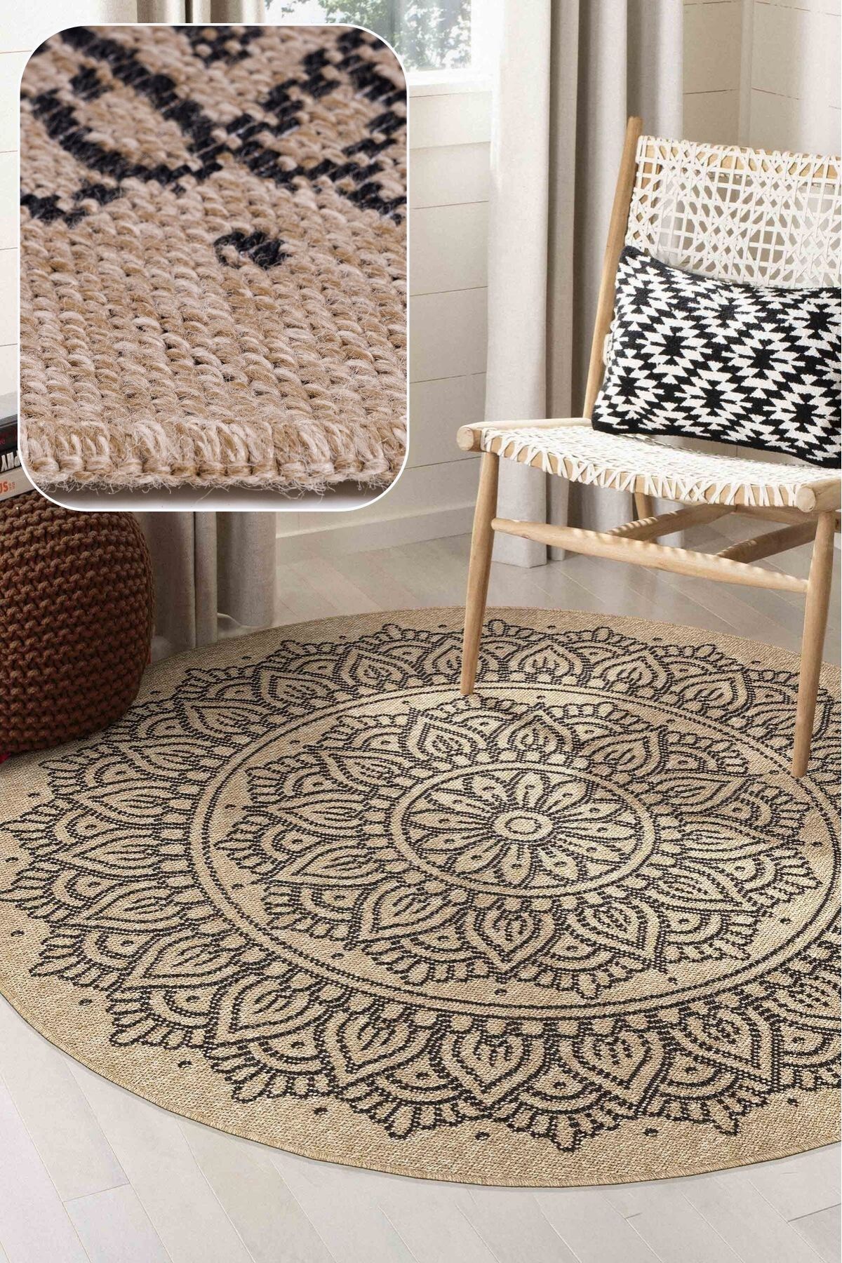 SANRUGS Home & Living Yıkanabilir Sisal Jüt Dokuma Hasır Halı Kilim Bej Kahve Daire Oval Model Mutfak Balkon Bahçe Teras