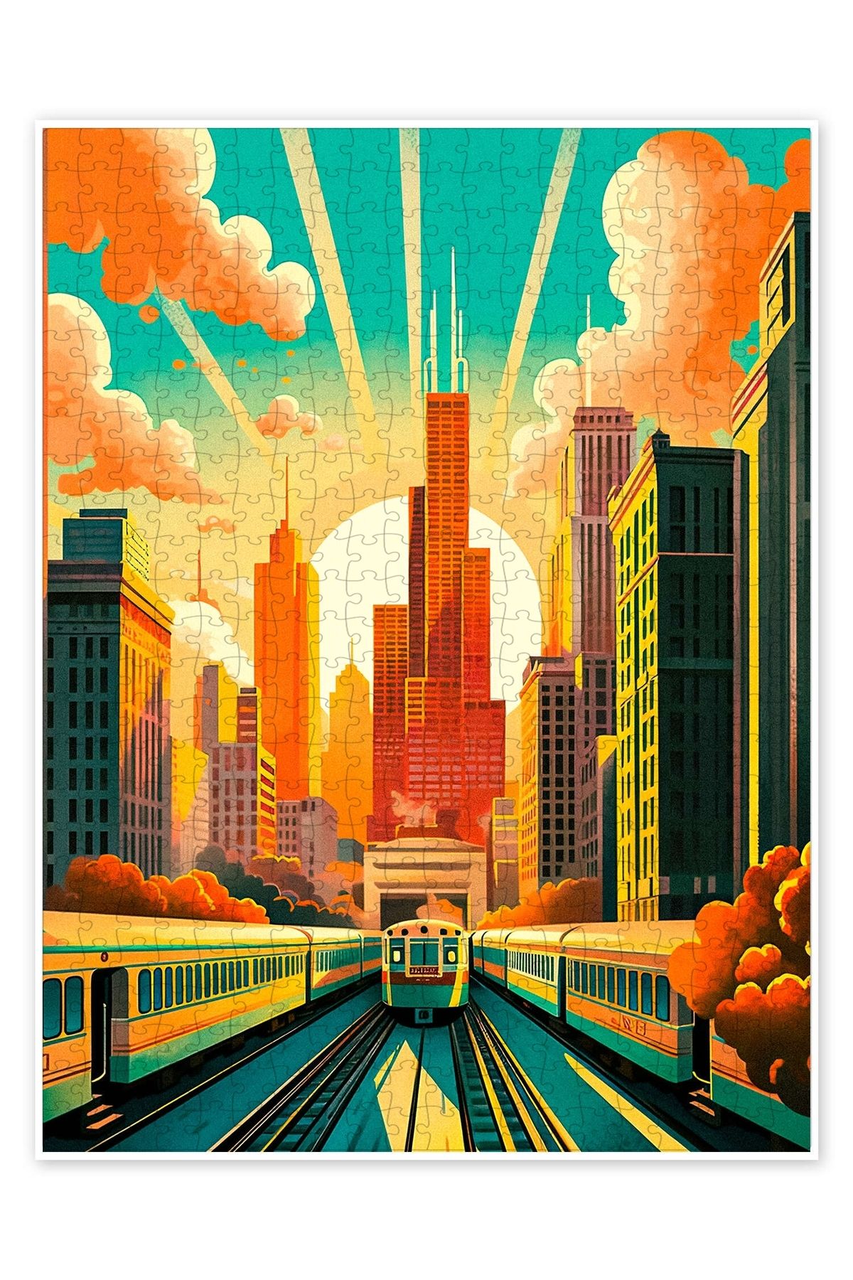 Jeronkarji Chicago Seyahat Sanat 500 Parça Puzzle Yapboz Şehir Manzara Temalı Hobilik