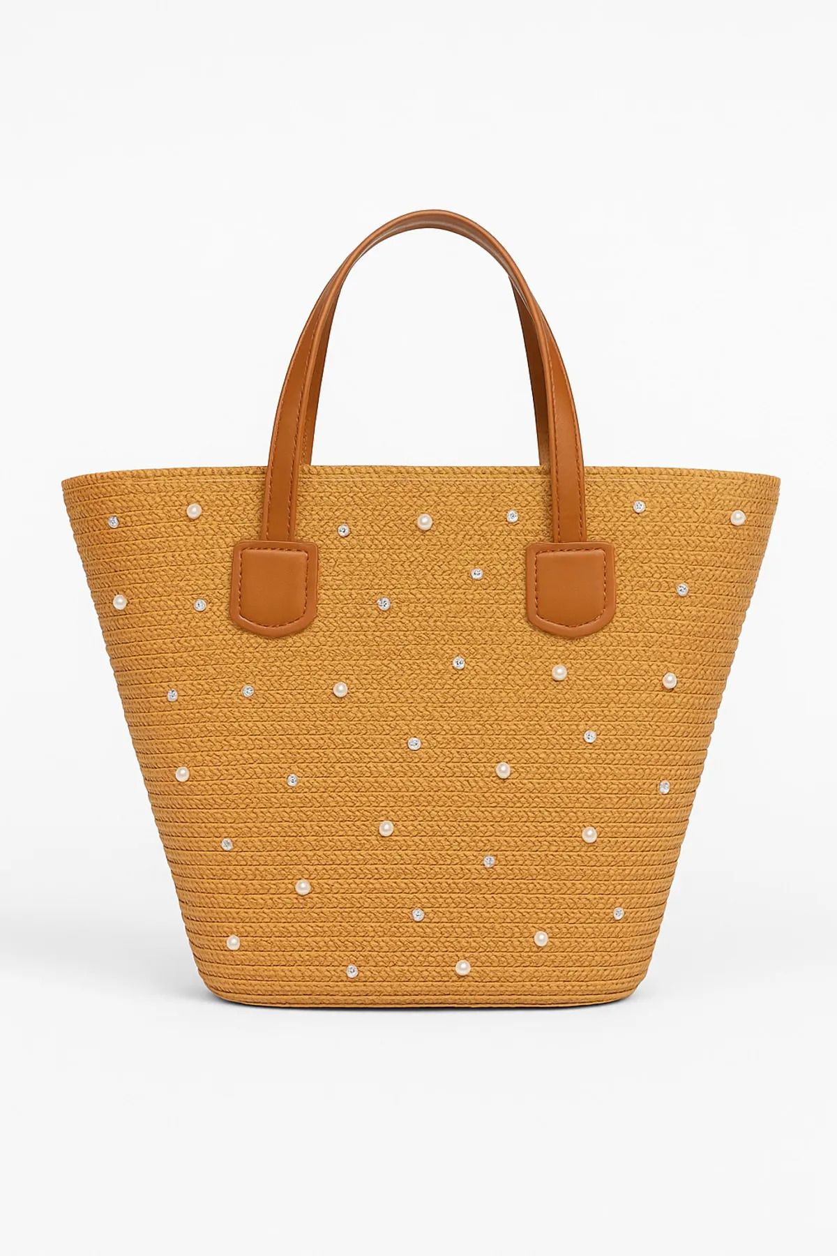 MARBERRY Camel Taş Detaylı Hasır Kadın Çanta