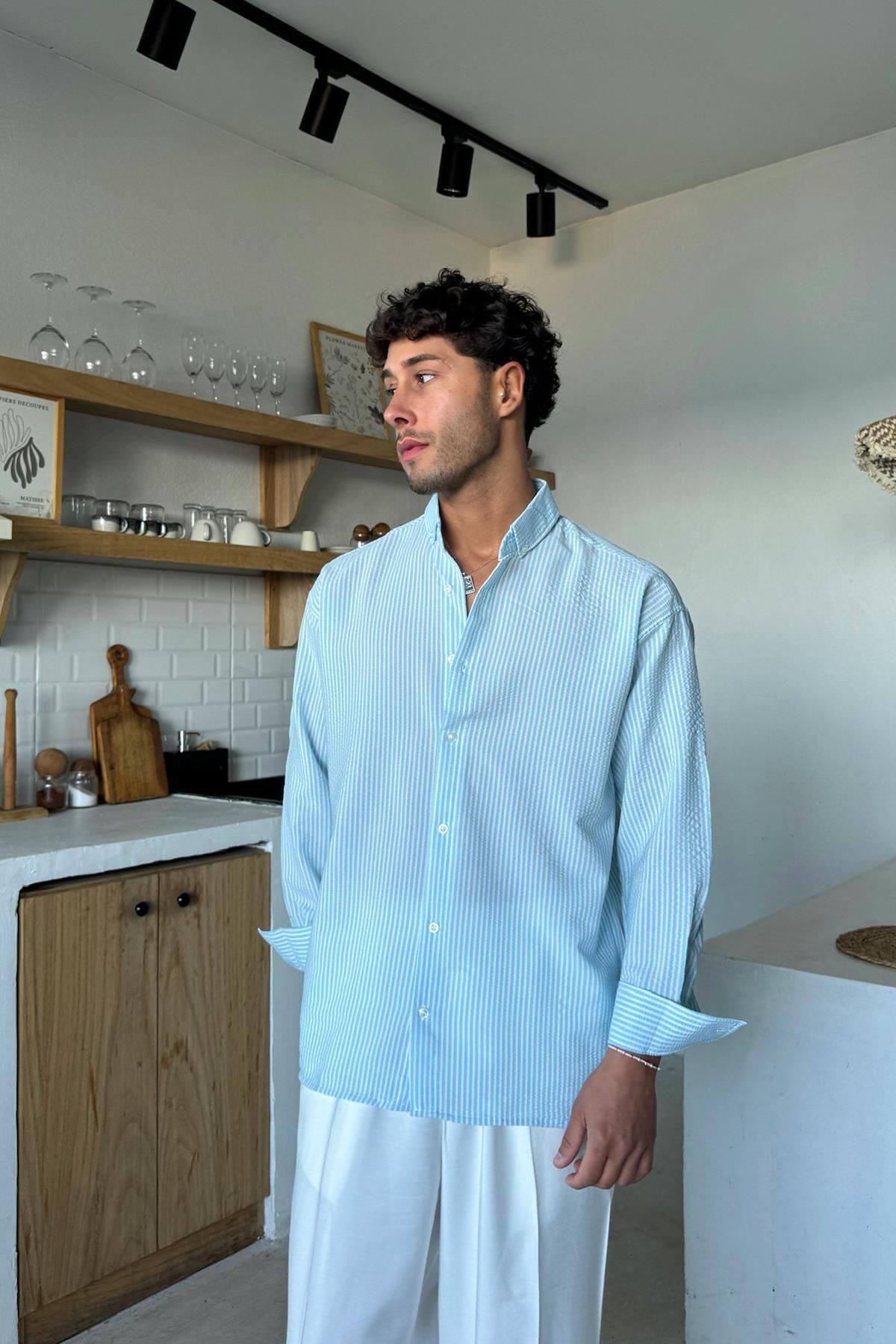 Flaw Wear Mavi Çizgili Oversize Gömlek