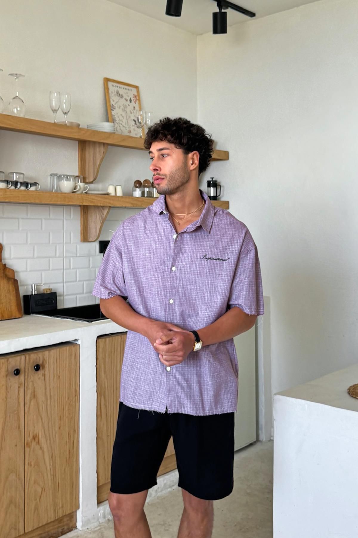 Flaw Wear Kareli Mor Oversize Kısa Kol Gömlek