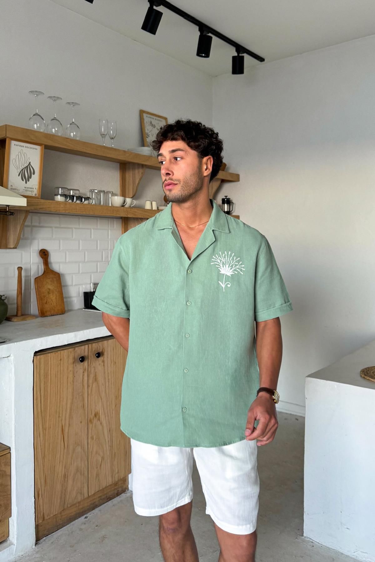 Flaw Wear Yeşil Nakışlı Oversize Kısa Kol Gömlek