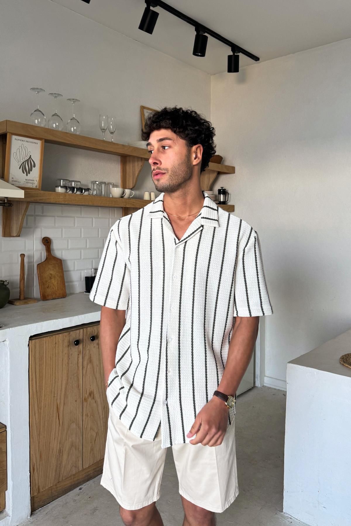 Flaw Wear Yeşil Çizgili Kısa Kol Triko Gömlek