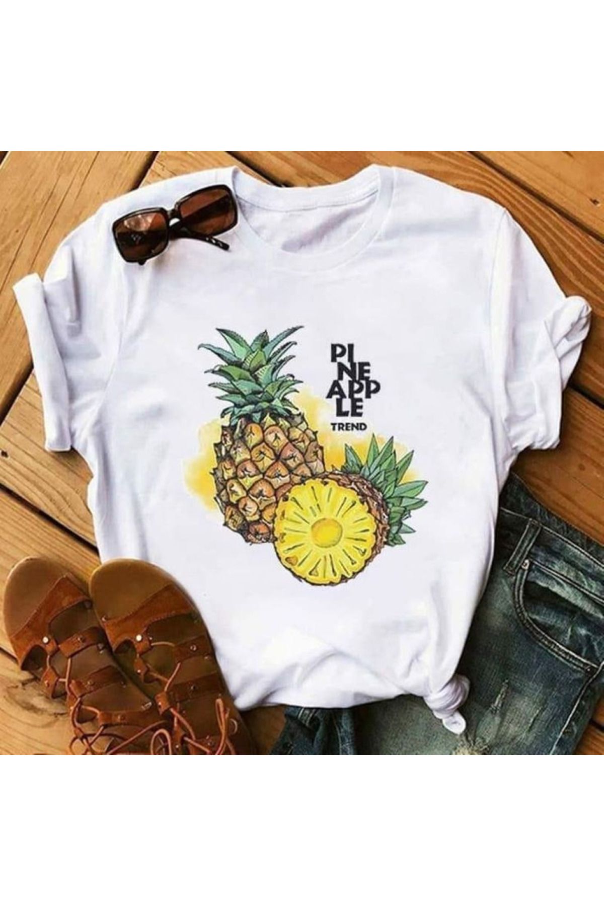 aynewmoda Ananas Baskılı Kısa Kollu Yuvarlak Yaka Tişört