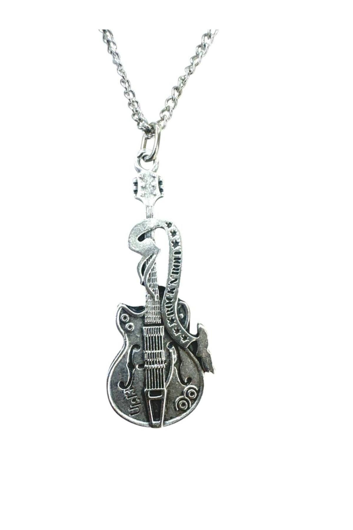 Herşey Nota Rock’n Roll Tarzı Elektro Gitar Kolye – Unisex - Metal Zincir 60 cm