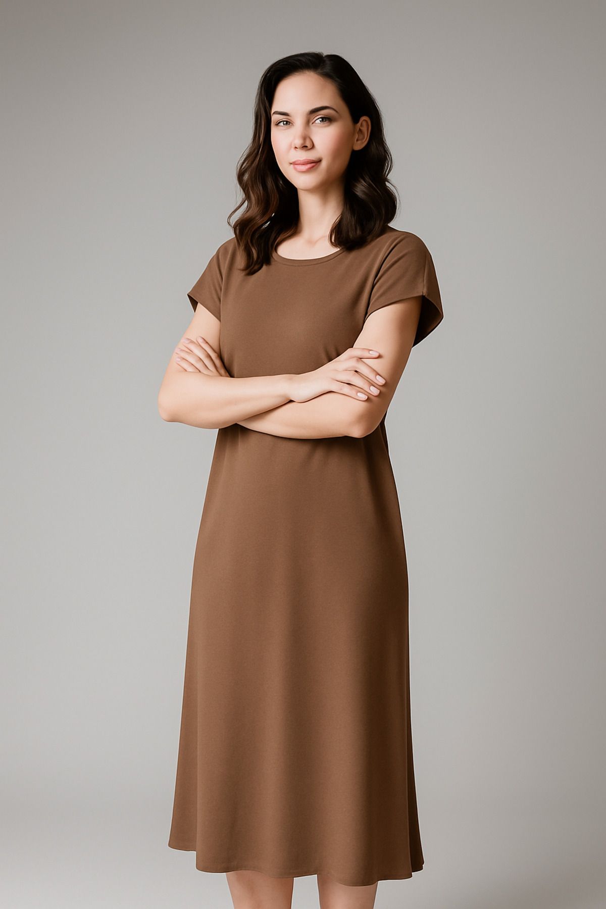 Dyg Butik Modal Kumaş Bisiklet Yaka Vatkalı Sütlü Kahve Kadın Elbise