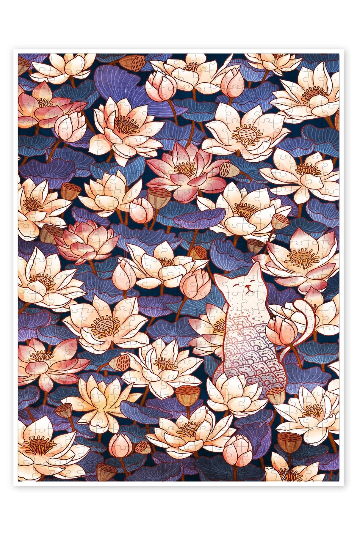 Jeronkarji Beyaz Kedi ve Lotus 500 Parça Puzzle Yapboz Kedi Köpek Temalı Doğa ve Orman Hayvanları