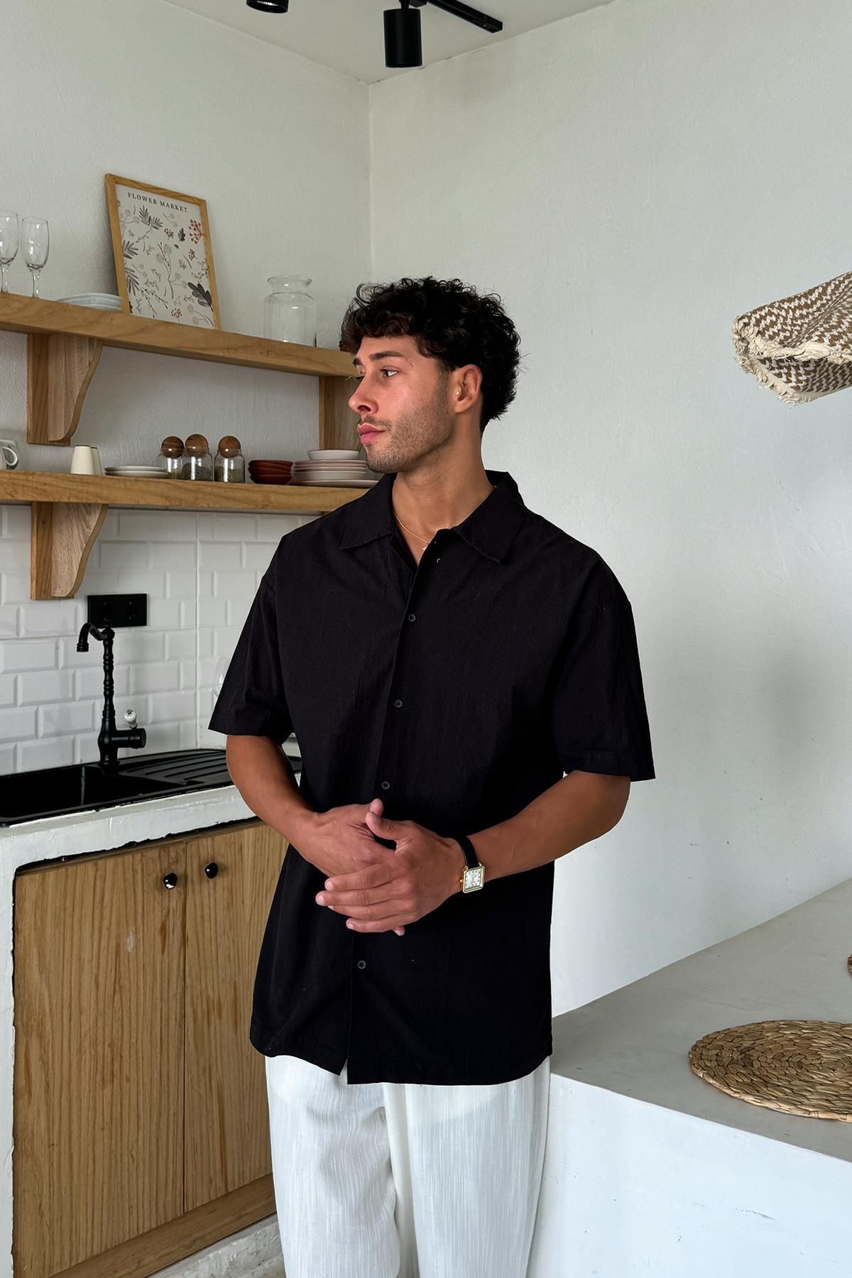 Flaw Wear Siyah Keten Oversize Kısa Kol Gömlek