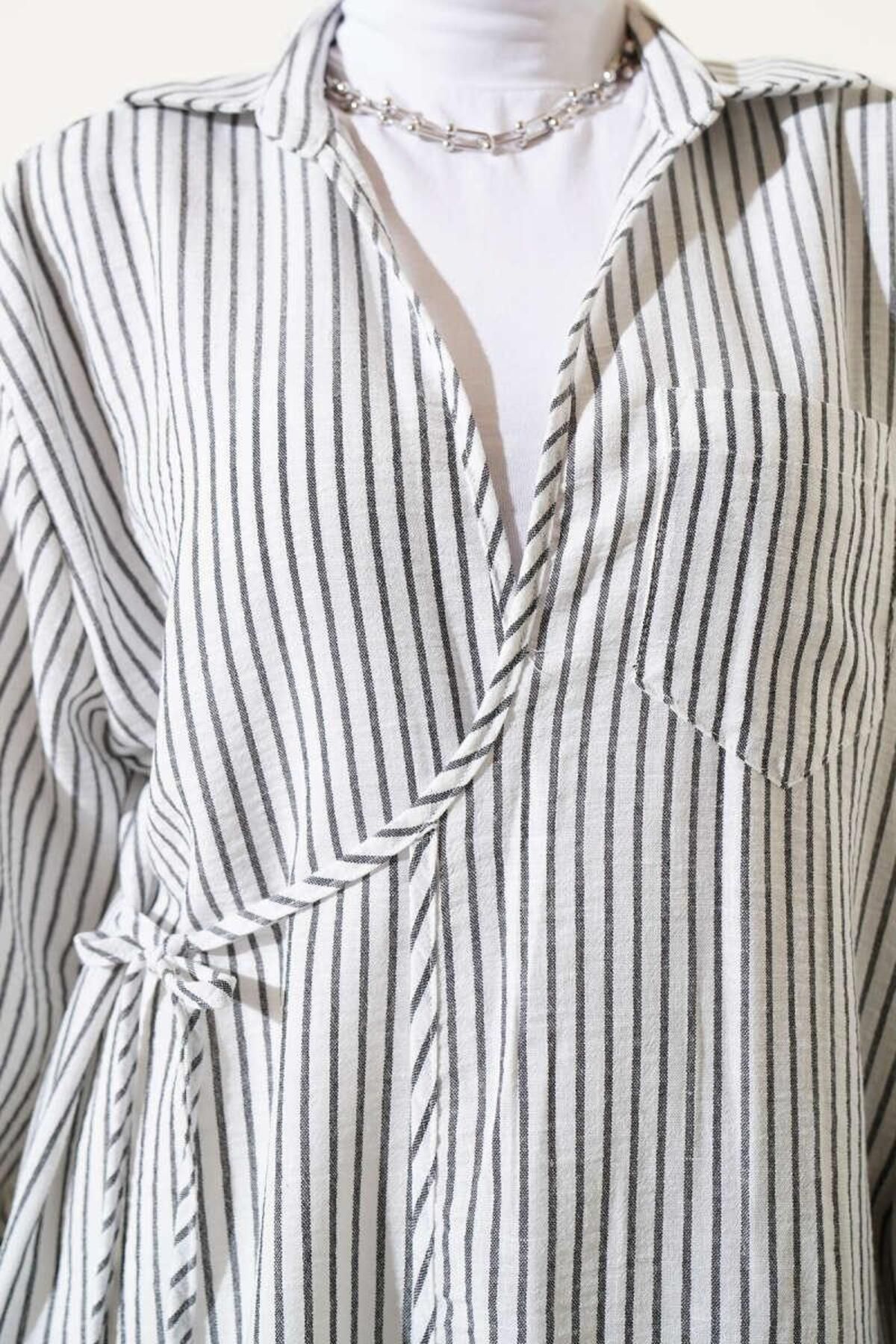 mahira collection CEPLİ ÇİZGİLİ YANDAN İP BAĞLAMALI KİMONO GÖMLEK