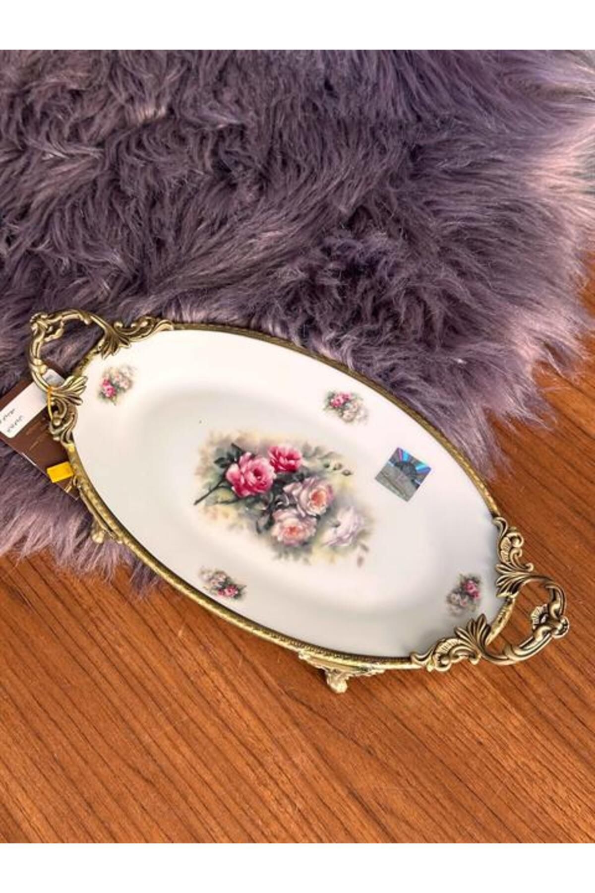 ROSSEV Antique Kulplu Oval Sunum Tabak 28cm