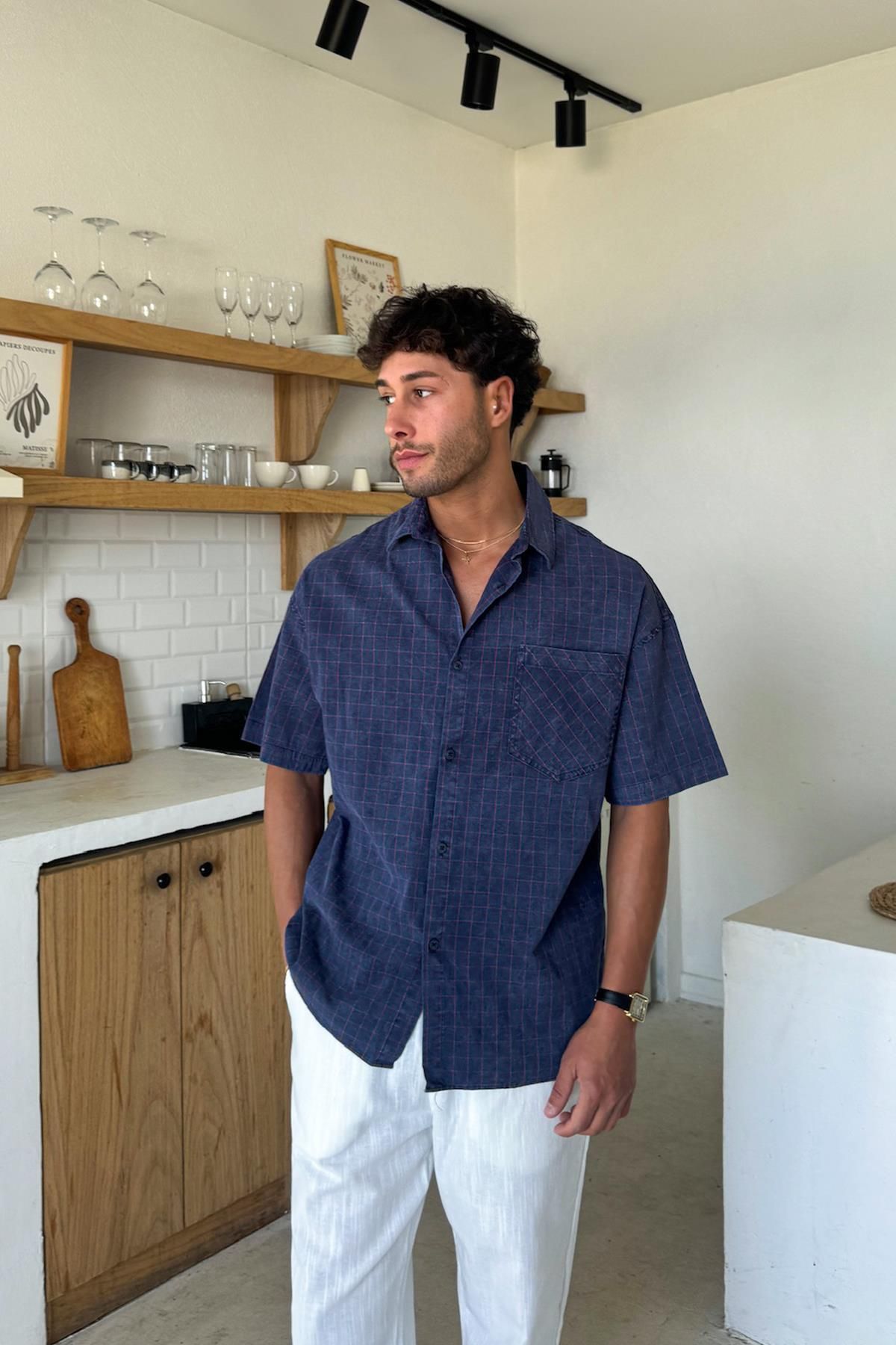 Flaw Wear Yıkamalı Kareli Lacivert Kısa Kol Oversize Gömlek