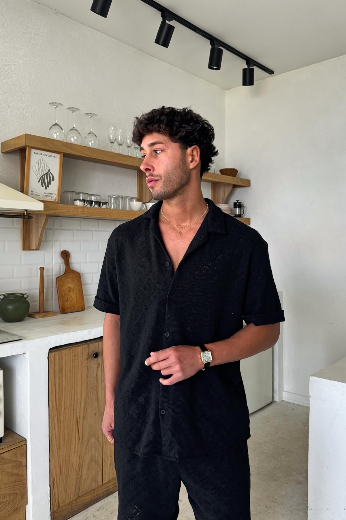 Flaw Wear Siyah Jakarlı Kısa Kol Gömlek