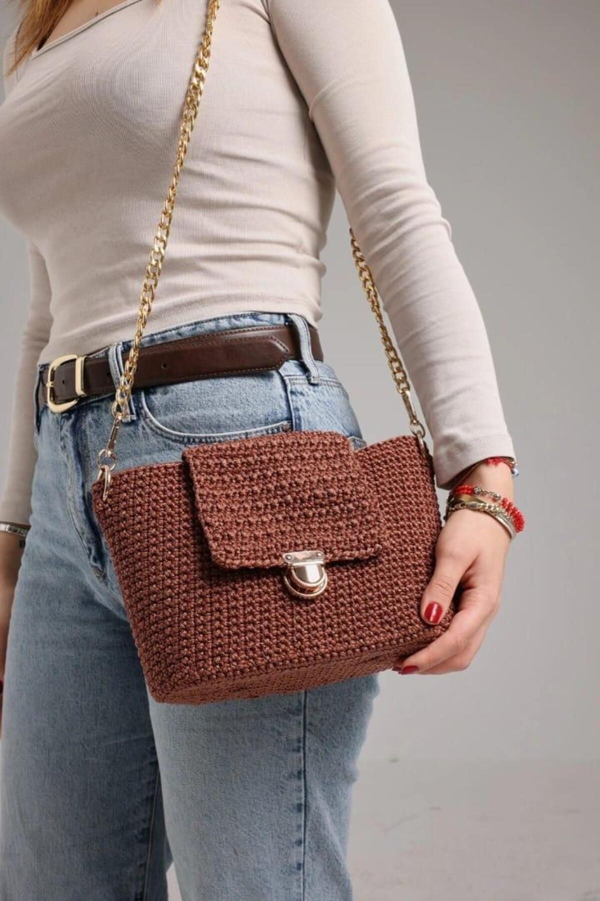 MODA MİNELEŞARP ÖZEL EL İŞİ YAPIMI TIĞ İŞİ KAHVERENGİ ÇANTA