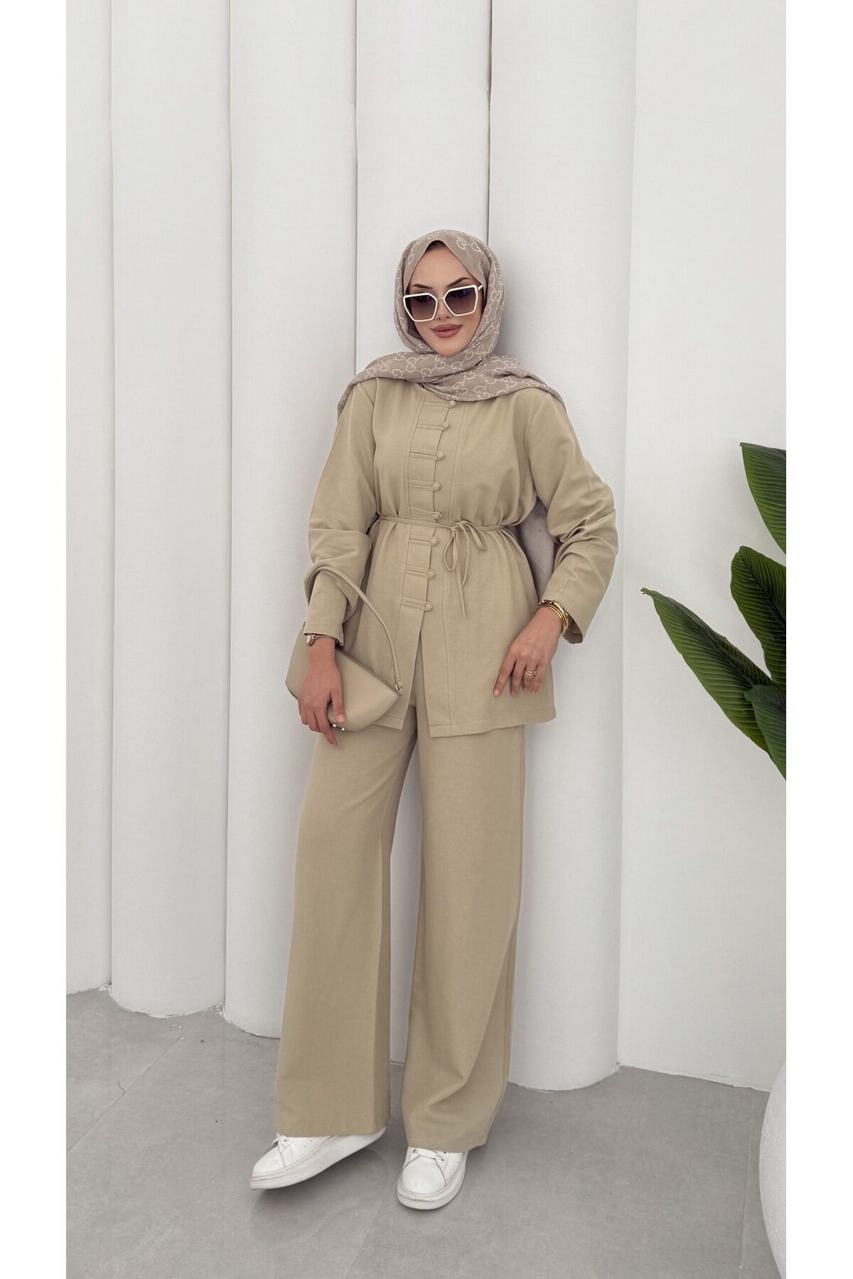 Miraydın Butik Kadın Düğme ve Kuşak Detaylı Keten Takım M15809 - Yağ Yeşili