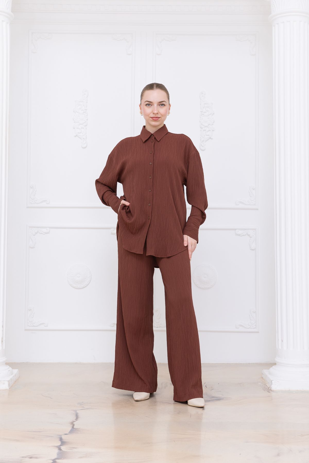 Meşe Moda gofre kadın gömlek pantolon ikili takım