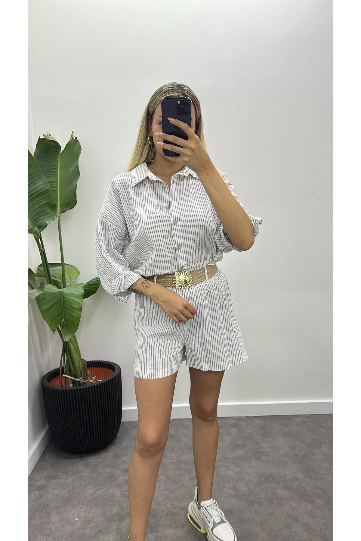 Acar Boutique Kemerli Keten Şortlu Takım