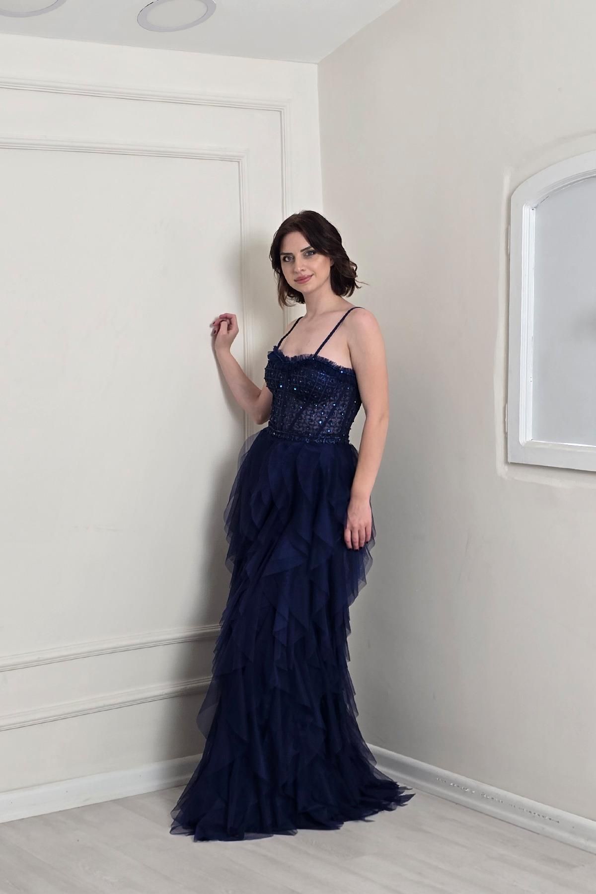 Yonca Moda Evi Lacivert Etekleri Fırfırlı Abiye 5200