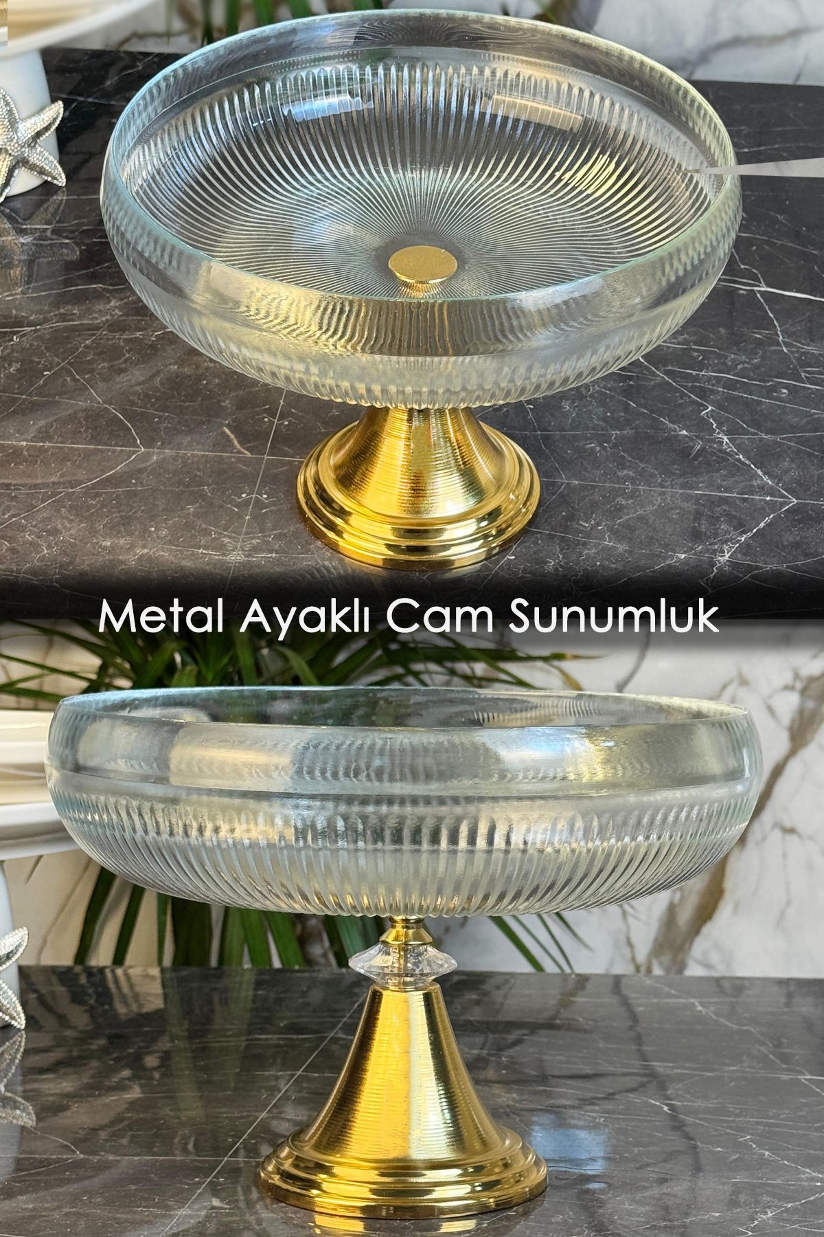 MAY HOME Metal Ayaklı Cam Sofra Sunum Tabağı & Servislik (Gold)