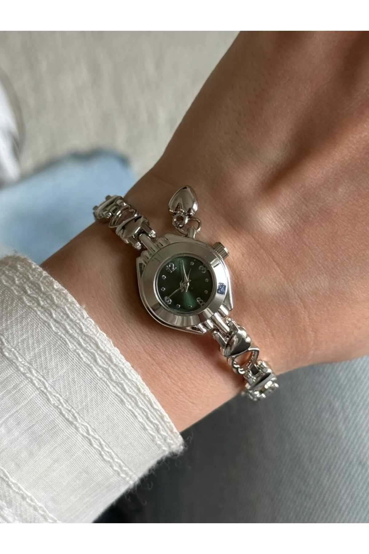 RoseandRoses Sien Kalp Charmlı Minimal Yeni Sezon Kadın Kol Saati Gümüş (Yeşil Kadran)