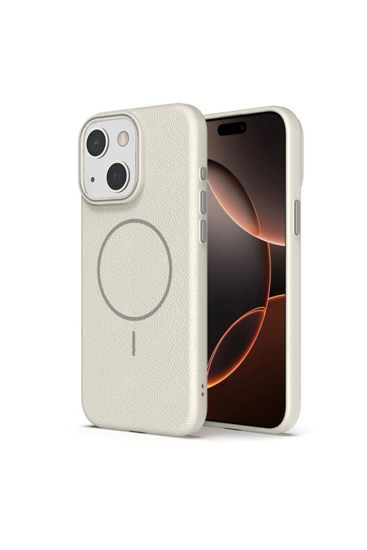 Apsuwa iPhone 14 uyumlu Kılıf Lichee Deri Desen Silikon Kablosuz Şarj Özellikli Krem