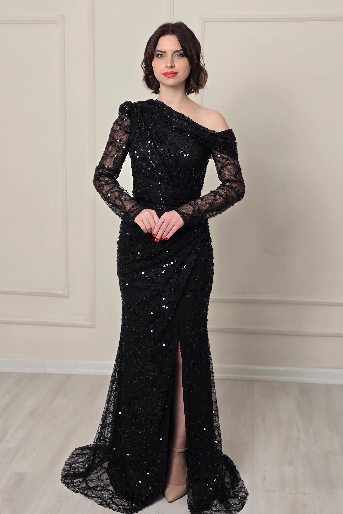 Yonca Moda Evi Siyah Düşük Yaka Tek Omuz Abiye 5315