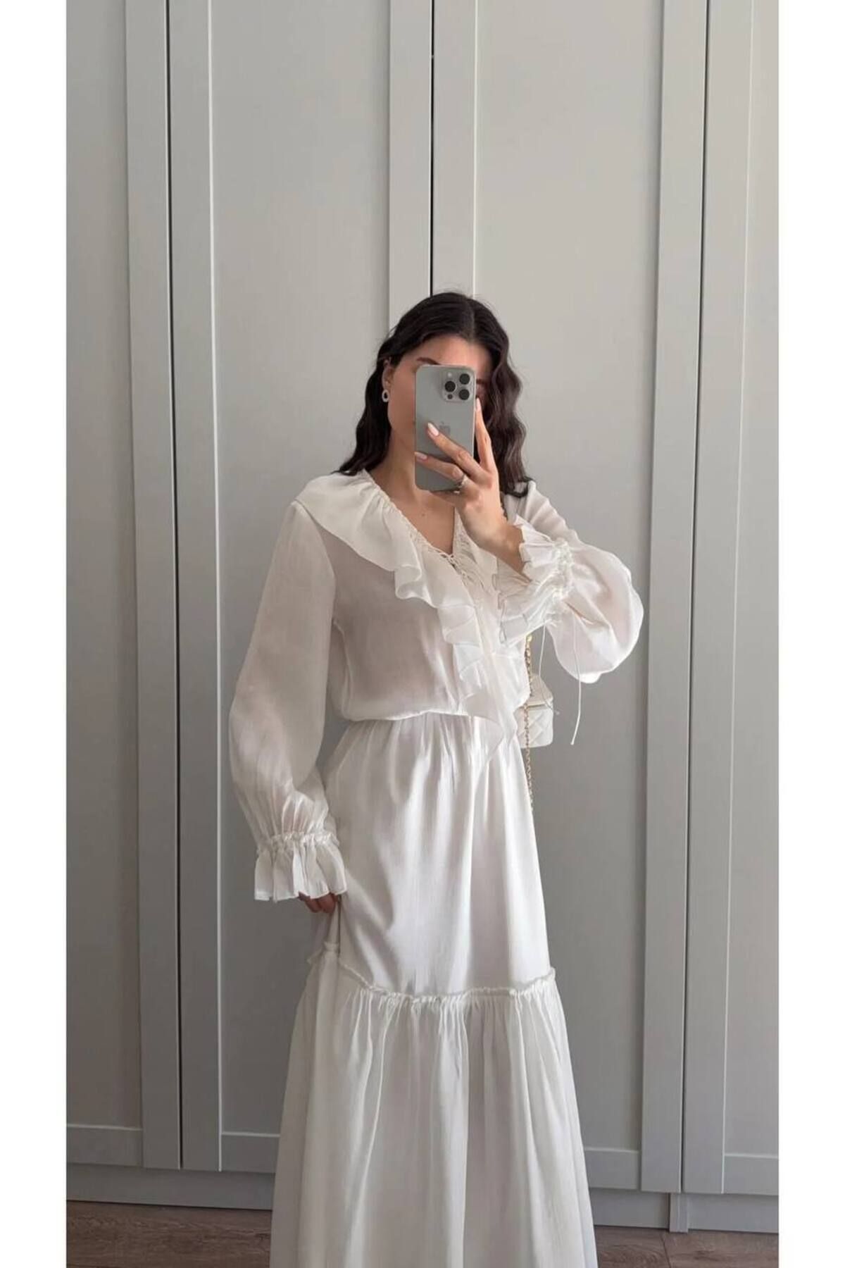 Hotfashion YAKASI VE KOLLARI FIRFIR DETAYLI ELBİSE