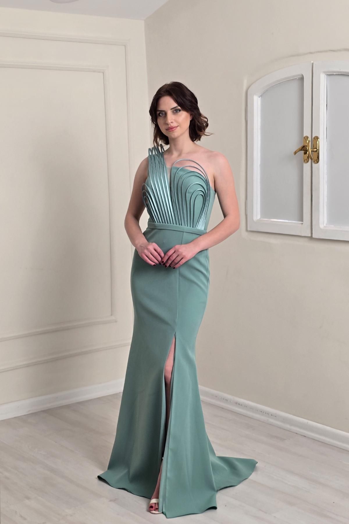 Yonca Moda Evi Çağla Biyeli Tek Omuz Abiye 7380