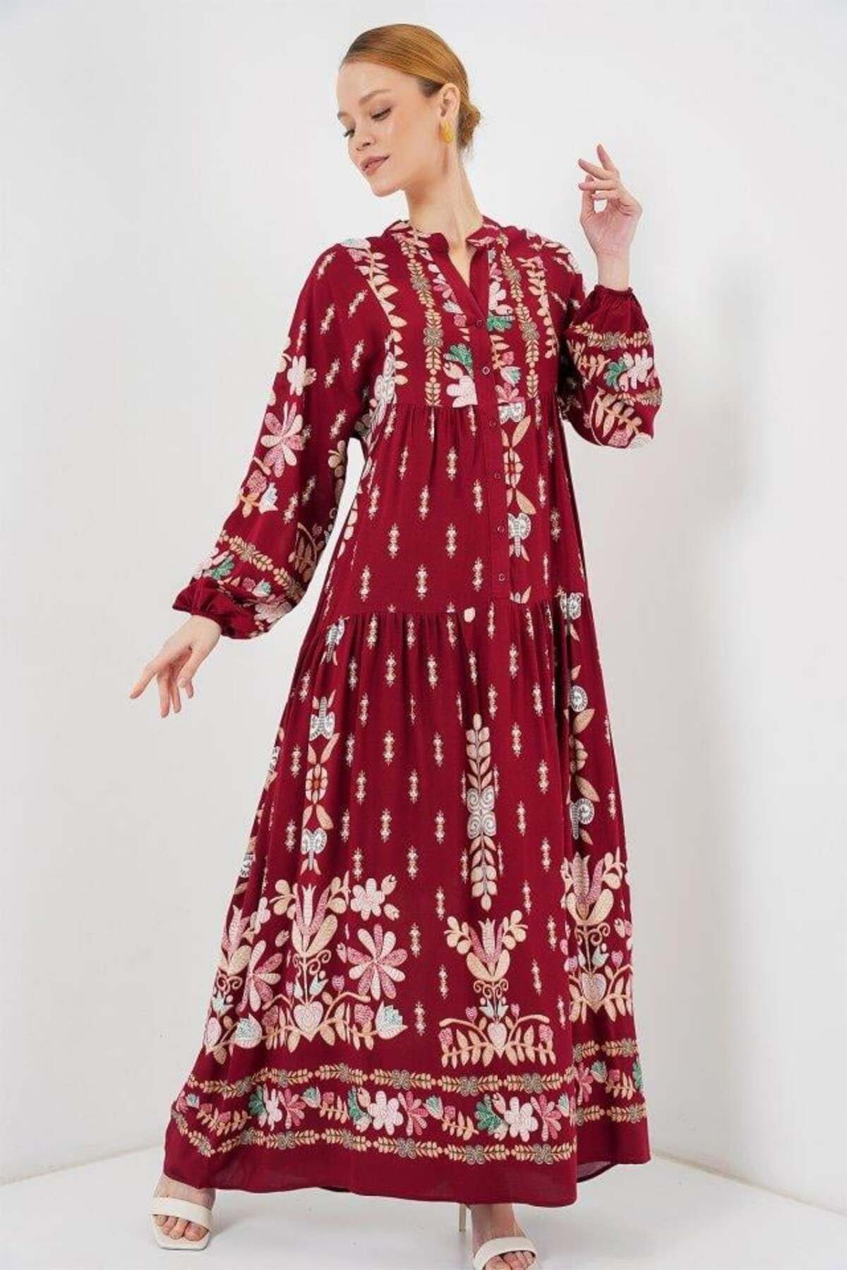 Aymood-2423 Rochie Hijab Autentică cu Motiv - H. Roșu Claret 1