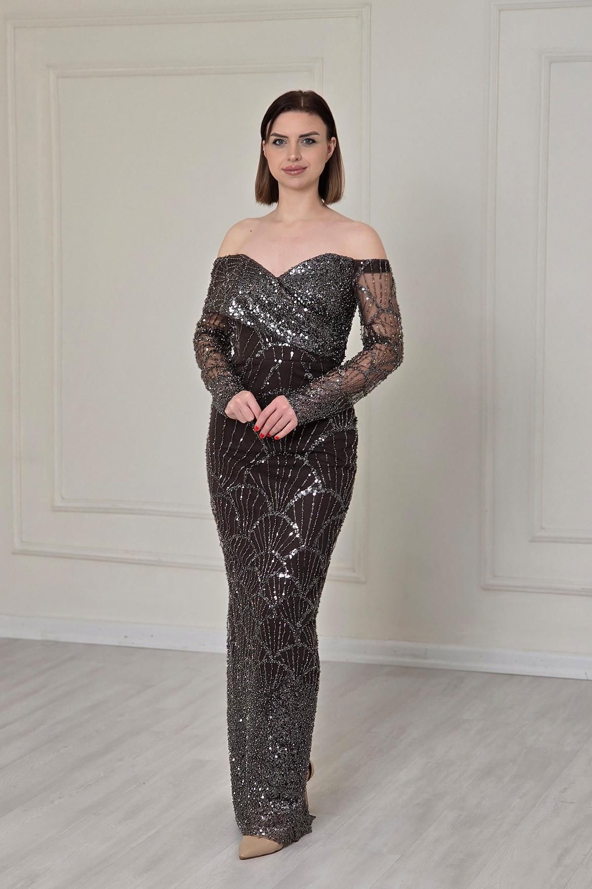 Yonca Moda Evi Kahverengi Kayık Yaka Bağcıklı Abiye 5395