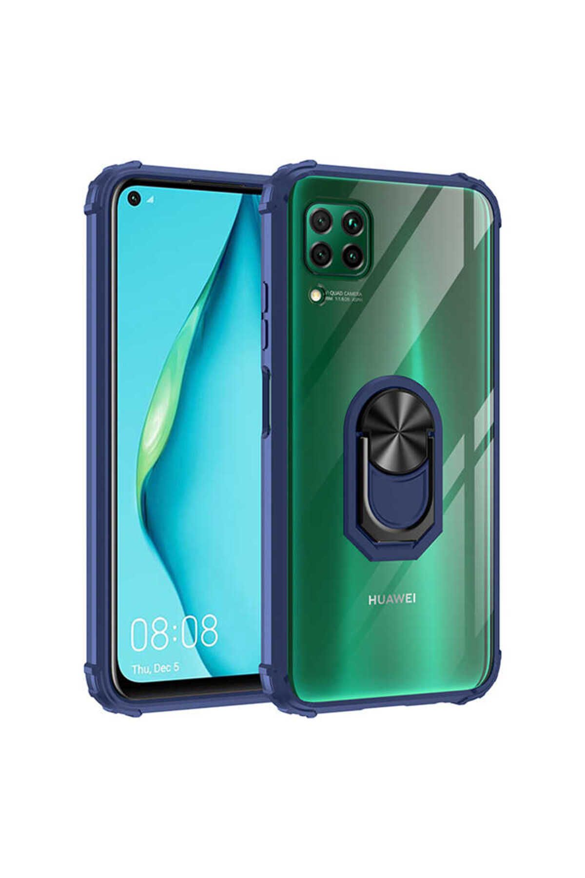 halkhouse Huawei P40 Lite Kılıf Sert Silikon Dayanıklı Şeffaf Renkli Yüzüklü Mola Kapak